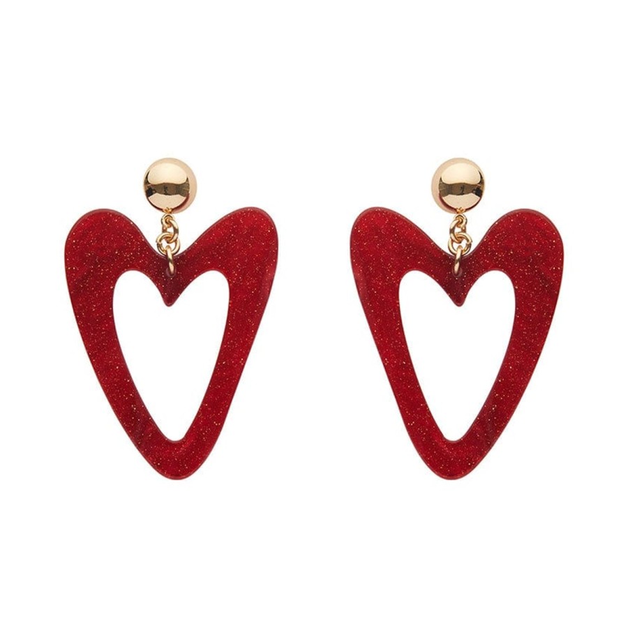 Erstwilder Essential Earrings | Statement Glitter Ripple Resin Heart Drop Earrings - Red