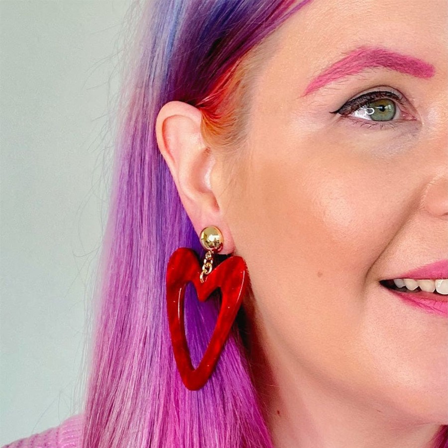 Erstwilder Essential Earrings | Statement Glitter Ripple Resin Heart Drop Earrings - Red