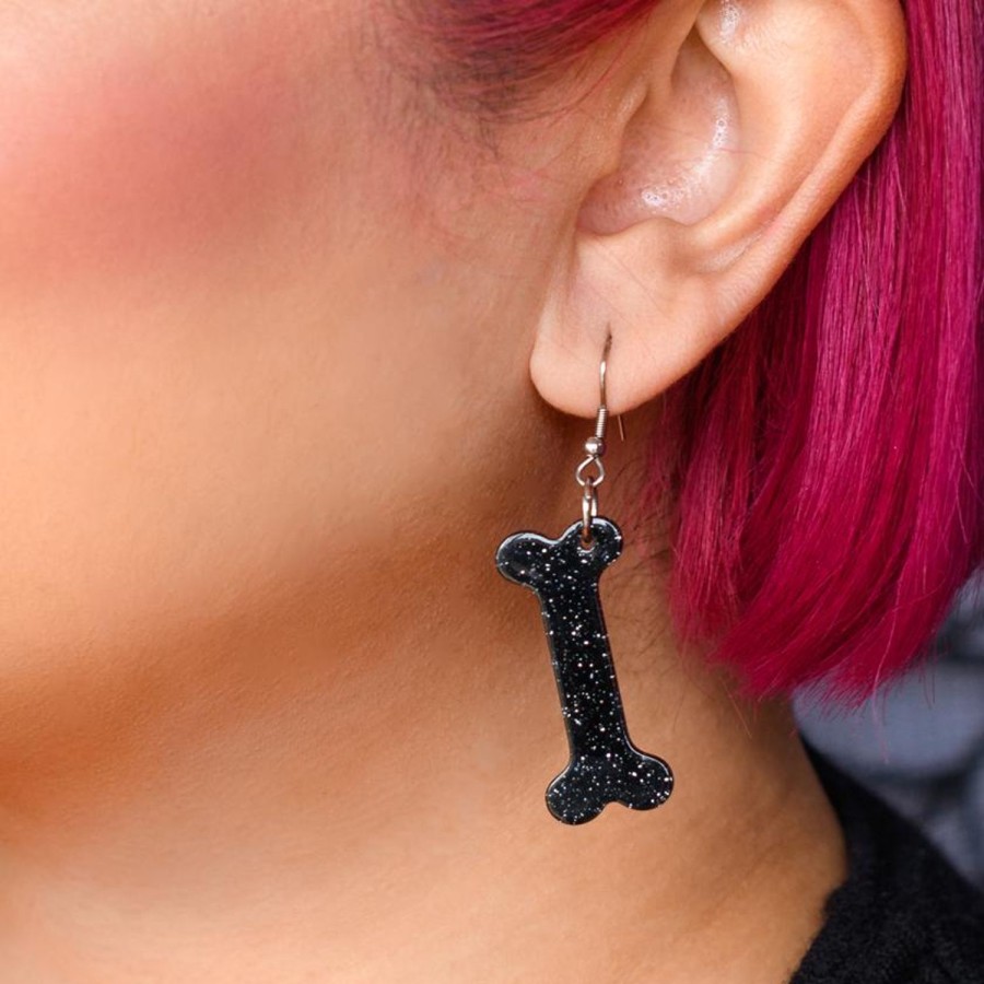 Erstwilder Essential Earrings | Bones Glitter Resin Drop Earrings - Black