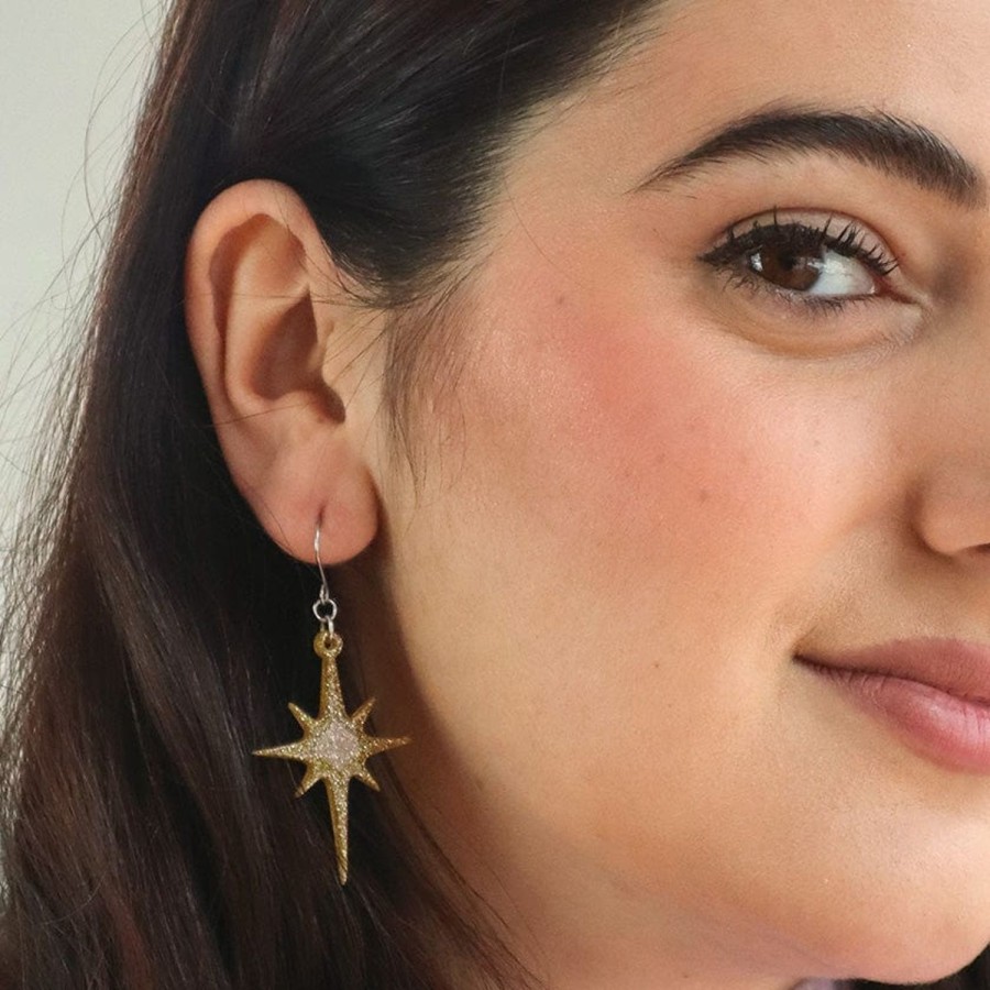 Erstwilder Essential Earrings | Atomic Star Glitter Drop Earring - Gold