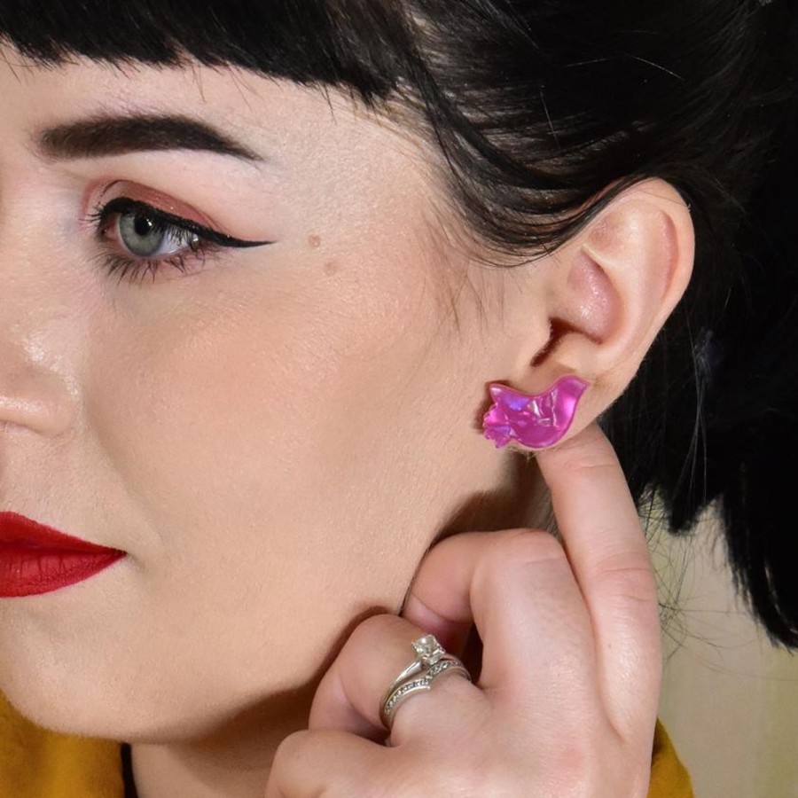 Erstwilder Essential Earrings | Bird Textured Glitter Resin Stud Earrings - Fuchsia