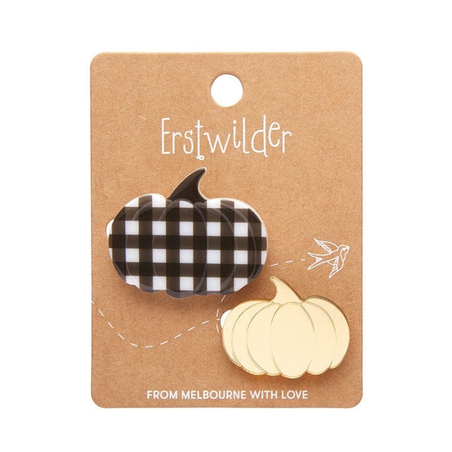 Erstwilder Brooches | Pumpkin Patch Mini Brooch Set - Gold & Black Gingham