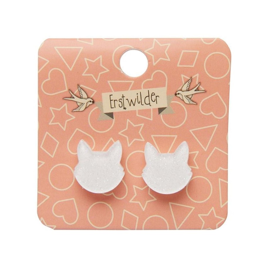 Erstwilder Essential Earrings | Cat Head Glitter Resin Stud Earrings - White