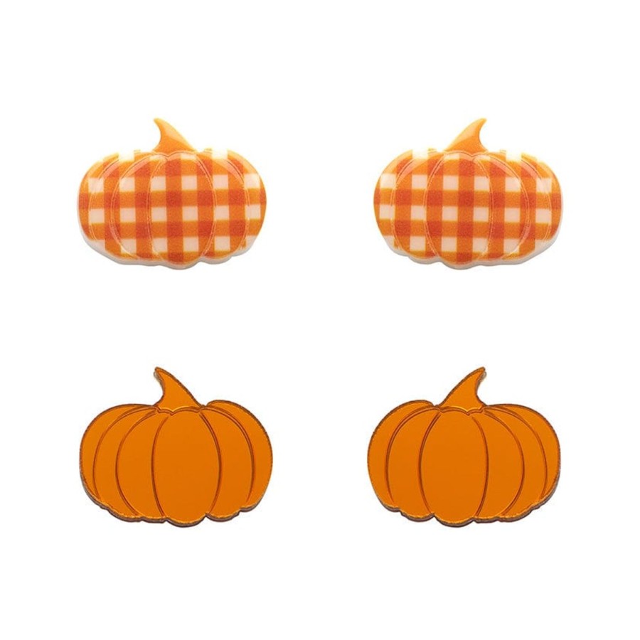 Erstwilder Essential Earrings | Pumpkin Patch Stud Earrings Set - Orange & Orange Gingham