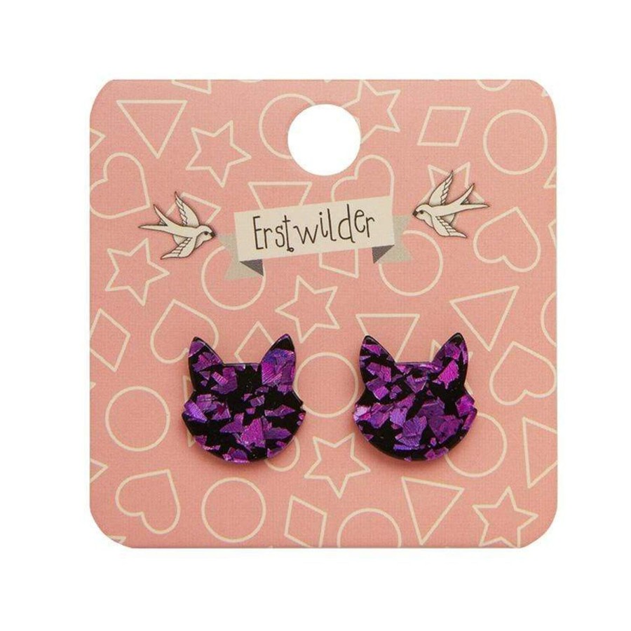 Erstwilder Essential Earrings | Cat Head Chunky Glitter Resin Stud Earrings - Purple