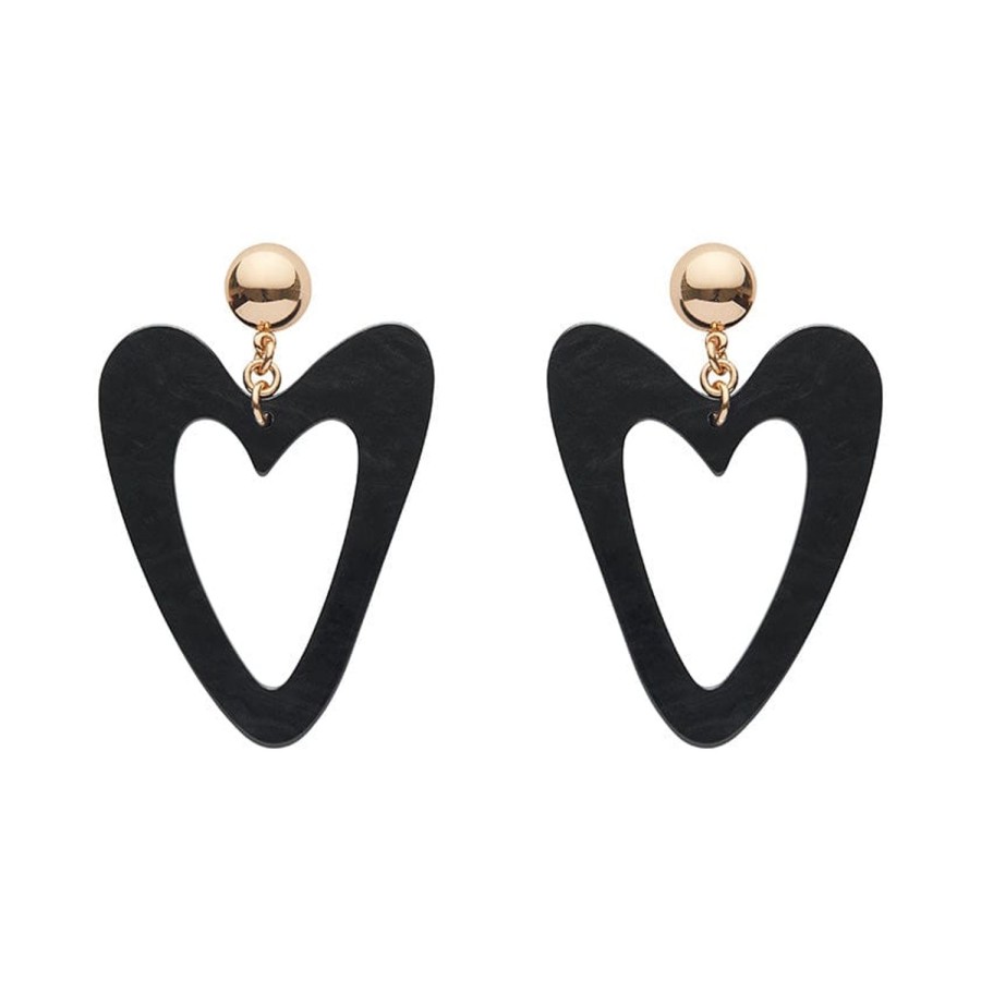 Erstwilder Essential Earrings | Statement Ripple Resin Heart Drop Earrings - Black