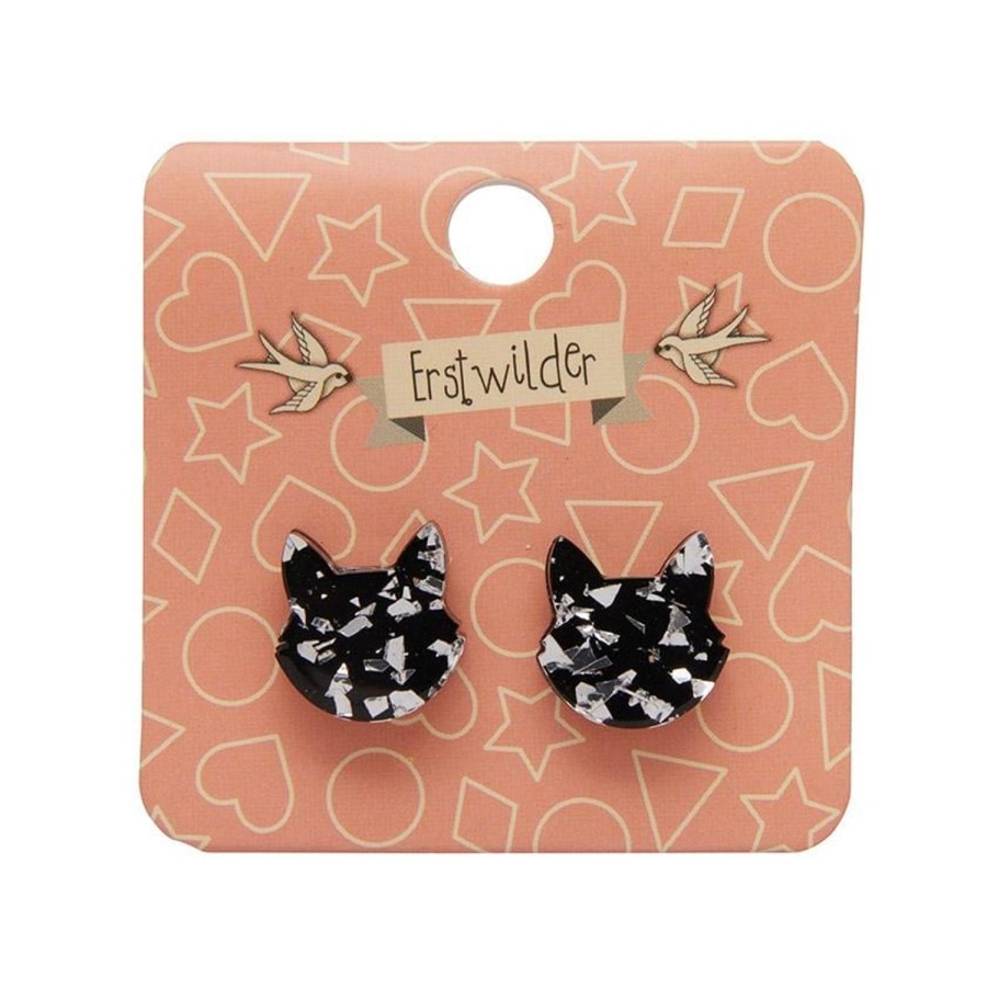 Erstwilder Essential Earrings | Cat Head Chunky Glitter Resin Stud Earrings - Silver