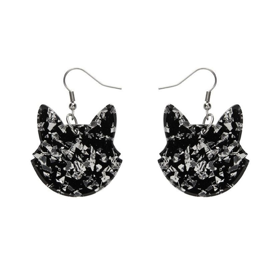 Erstwilder Essential Earrings | Solid Cat Head Chunky Glitter Resin Drop Earrings - Silver